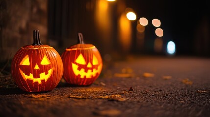 Fototapeta premium Glowing Jack-o'-lanterns Graffiti: Urban Halloween Street Art in Ultra HD with Copy Space for Text