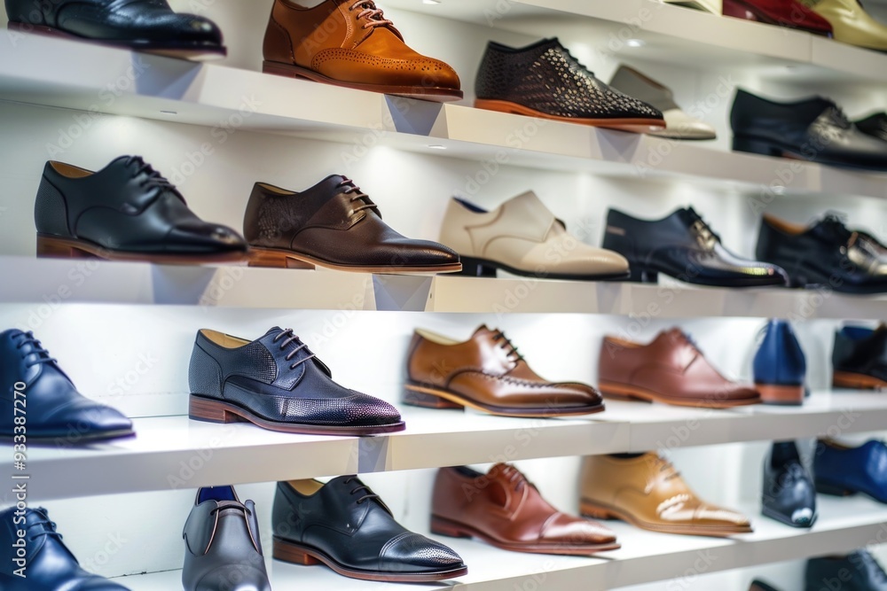 Poster Display of various men's shoes in a store, with different styles and colors