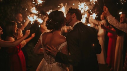 Fototapeta premium The bride and groom share a tender kiss while surrounded by loved ones holding sparklers, creating a magical atmosphere during their wedding celebration