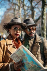 A couple examining a map together, possibly planning a trip or adventure