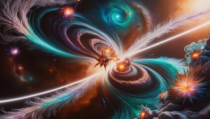 Glowing fractal swirl with a cosmic backdrop of stars and vibrant colors