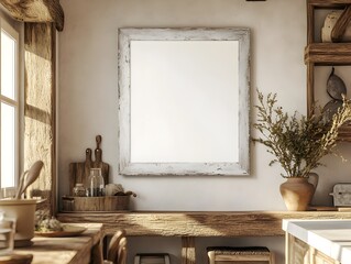 A 3D rendered mockup of a white frame backdrop set against the warm,inviting atmosphere of a rustic farmhouse-style kitchen. The weathered wooden accents and nature-inspired print create a cozy.