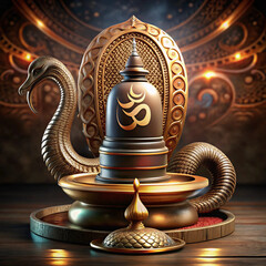 Luminous Shiva Lingam: Gilded Cobra-Guarded Om Symbol in Ornate Shrine, Mystical Hindu Worship Scene