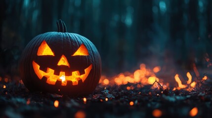 Obraz premium Enchanting Halloween Night: Glowing Pumpkins in Spooky Forest with Copy Space, Selective Focus. Ultra HD Quality.