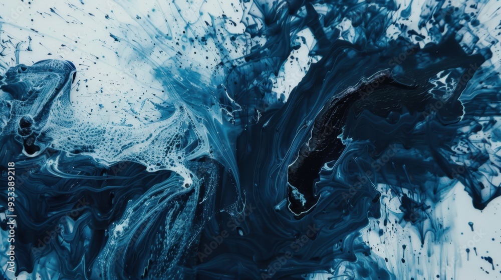 Poster a close-up of dark blue ink spreading across a page, creating abstract patterns