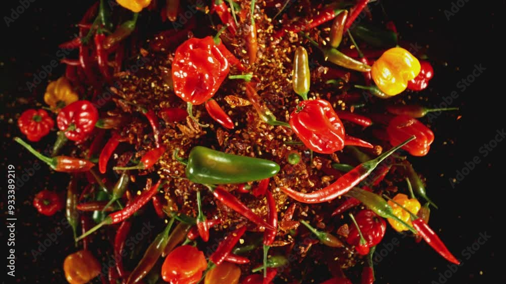 Aufkleber super slow motion of flying and rotating colored chilli peppers with dry chilli powder. black backgr