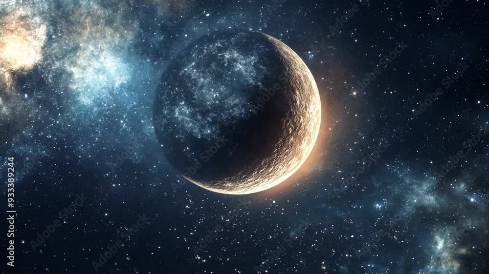 Poster a luminous planet is surrounded by sparkling stars and extensive nebulae in a dark cosmic space.