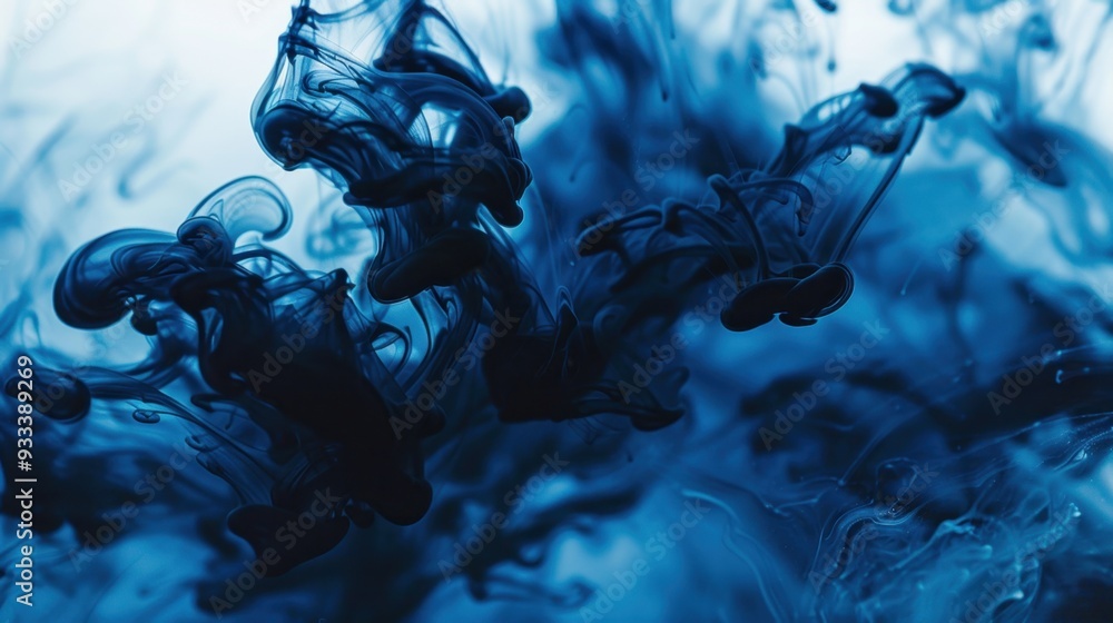 Poster a close-up of dark blue ink spreading across a page, creating abstract patterns