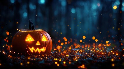 Fototapeta premium Enchanting Halloween Forest Scene with Glowing Pumpkins and Fireflies, Ultra HD Quality, Copy Space Available for Text