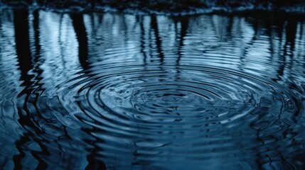 A close-up of dark blue water rippling in a quiet pond, reflecting the sky and trees