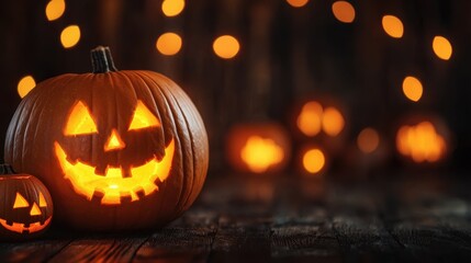 Mystical Glowing Pumpkins with Ancient Runes, Halloween Symbols in Ultra HD Close-up, Copy Space for Text