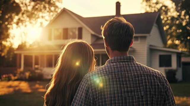 A young couple looked at their new house with love and joy on a sunny day in the golden hour.