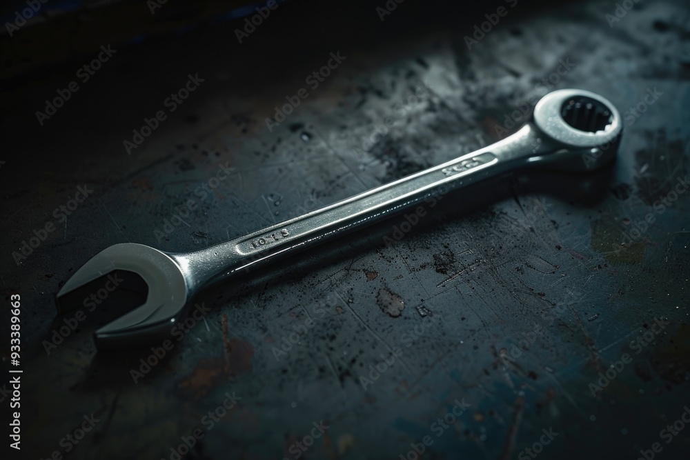 Poster a close-up shot of a wrench sitting on a table