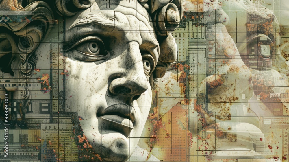 Poster a detailed view of a statue depicting a man's face, suitable for artistic or historical context