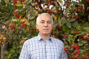 smiling senior man with grey head near autumn nature, rowan and leaves