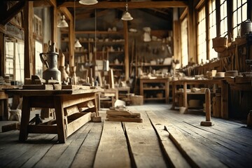 Fototapeta premium Workshop Interior with Woodworking Tools and Equipment