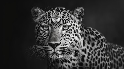 Obraz premium A close-up photo of a leopard's face in monochrome tones
