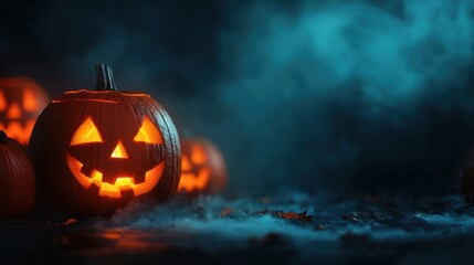 Spooky Halloween Scene with Glowing Pumpkins in Swirling Fog, Copy Space for Text, Selective Focus - Ultra HD