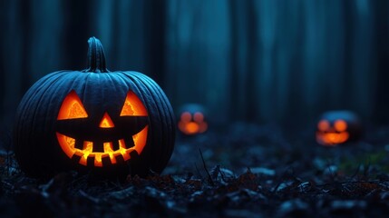 Enchanted Halloween Forest with Glowing Pumpkins - Mystical Energy in Ultra HD Quality, Copy Space Available