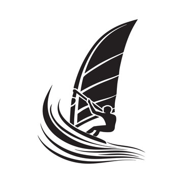 Windsurf Vector Images.  Silhouette man wind surfing logo symbol icon vector graphic design illustration.