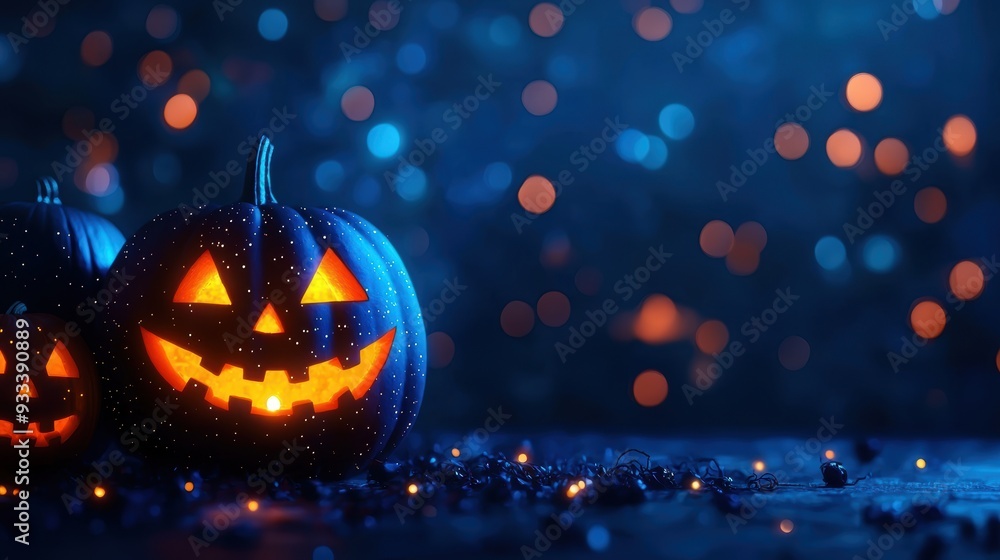Poster illuminated pumpkin patch in space - spooky halloween theme with cosmic patterns and copy space, sel
