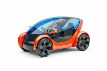 A bright orange and blue car sitting on a clean white surface