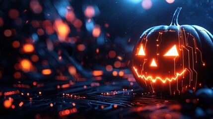 Glowing Jack-o'-Lanterns with Neon Circuits - High-Tech Halloween Decor for Copy Space in Foreground, Ultra HD Quality