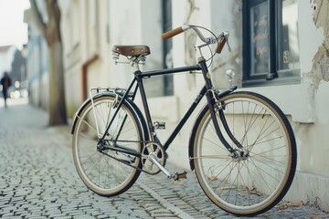 Fototapeta premium A bicycle is parked on the wall of a building, likely taken for maintenance or storage