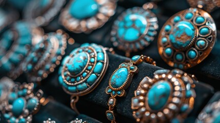 Fototapeta premium A close-up of turquoise jewelry displayed on a black velvet background, highlighting its detail
