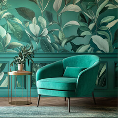 Chair and turquoise sofa in green living room interior
