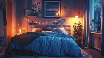 A cozy bedroom with indigo bedding and soft lighting, creating a peaceful atmosphere