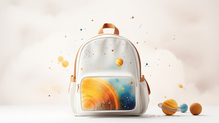 School colorful leather backpack in star theme on white background, school supplies concept