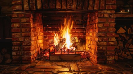 A cozy fireplace with red brick and a warm fire burning, perfect for a cold evening