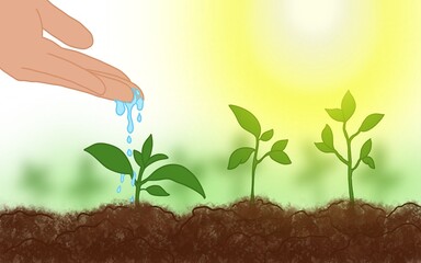 Illustration of watering plants from hand with sunny background. Image for advertising booklets, banners, flayers and articles.