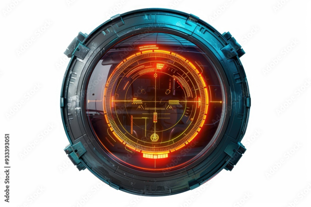 Poster A round object with red and blue lights on its surface