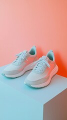 Pink sneakers on color background