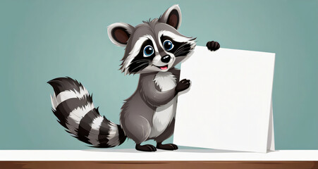 funny raccoon with an empty sign, blank poster, or mock-up