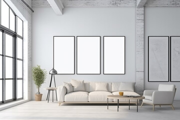 Minimalist home interior with wooden chair, desk, and blank framed poster mockup