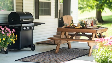 A picnic table with a barbecue grill in the background on a sunny day.