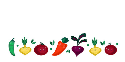 Funny  cute cartoon characters of vegetables. Vegetable frame for World Vegan Day decoration. Vegetarian day.  hand-drawn vector flat illustration.