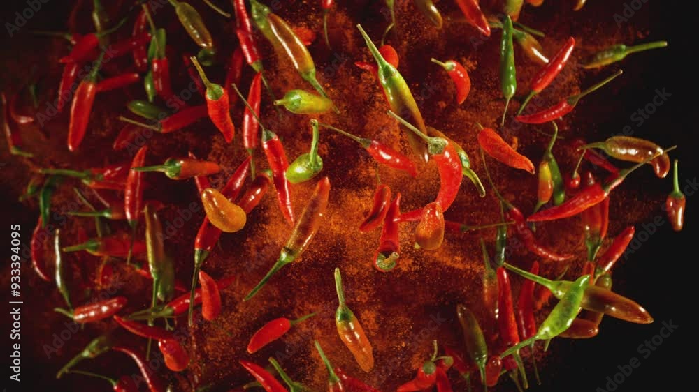 Poster super slow motion of flying and rotating colored chilli peppers with dry chilli powder. black backgr