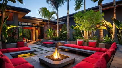 A cozy outdoor patio with red cushions and a warm fire pit, perfect for evening relaxation