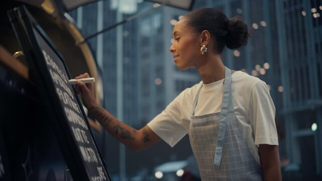 Portrait of a Diligent Black Female Food Truck Worker in a White Shirt and Apron Writing a Detailed Coffee Menu on a Chalkboard in a Street Cafe. Staff Members Preparing to Open Their Outdoors Dining