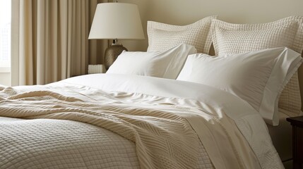 A cream-colored bedspread neatly arranged on a bed, with pillows adding comfort