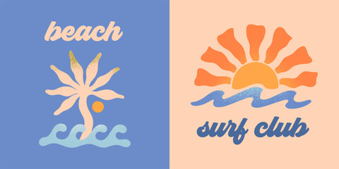 Vector abstract summer beach,surf club emblems.Hand drawn palm,ocean or sea waves with sun.Modern graphic in naive simple style for banners,smm,branding,covers,prints.Retro summer vacation aesthetic