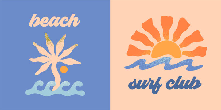 Vector abstract summer beach,surf club emblems.Hand drawn palm,ocean or sea waves with sun.Modern graphic in naive simple style for banners,smm,branding,covers,prints.Retro summer vacation aesthetic