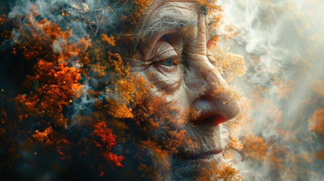Surreal Artistic Portrait of an Elderly Woman&rsquo;s Face Blended with Abstract Swirls of Smoke and Fire-Like Colors Representing Aging, Wisdom, and the Passage of Time in a Creative and Evocative Style
