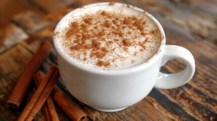 Obraz premium A creamy latte in a white cup, topped with frothy milk and a dusting of cinnamon