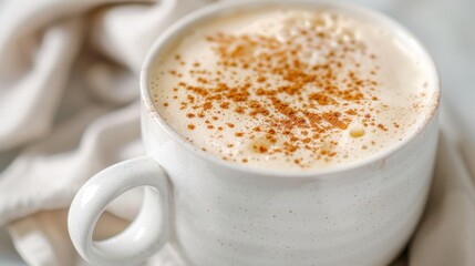 Obraz premium A creamy latte in a white cup, topped with frothy milk and a dusting of cinnamon