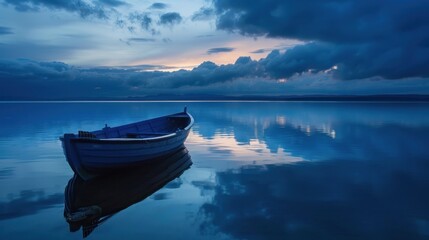 A dark blue boat anchored in a calm bay at dusk, reflecting the sky in the water